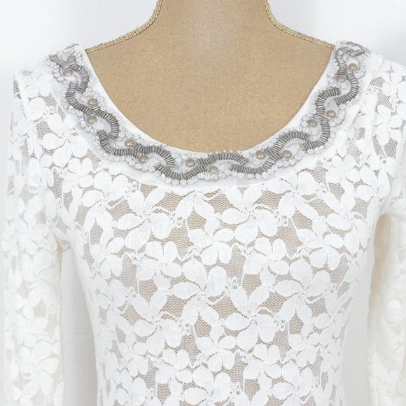 Free People White Lace Long Sleeve Bronze Beaded Silver Sequin SZ XS Top Blouse - Picture 2 of 7